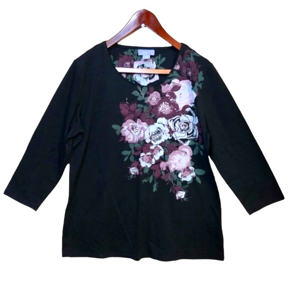 Laura Scott Women's Blouse 3/4 Tunic Black Floral size large